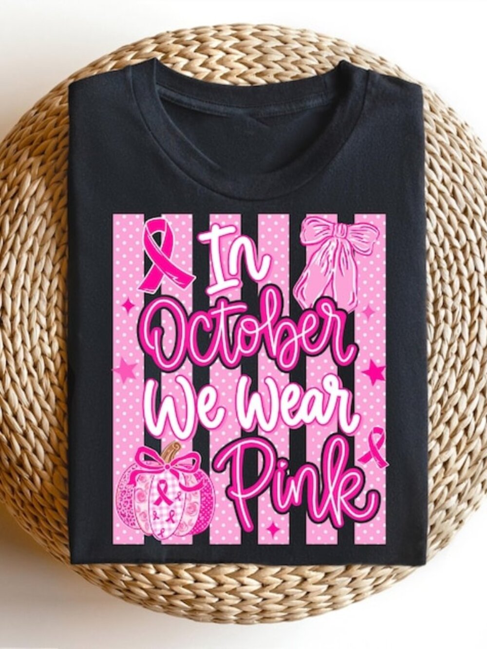 In October We Wear Pink Stripes Polka Dots Shirt, Breast Cancer Pumpkin TShirt